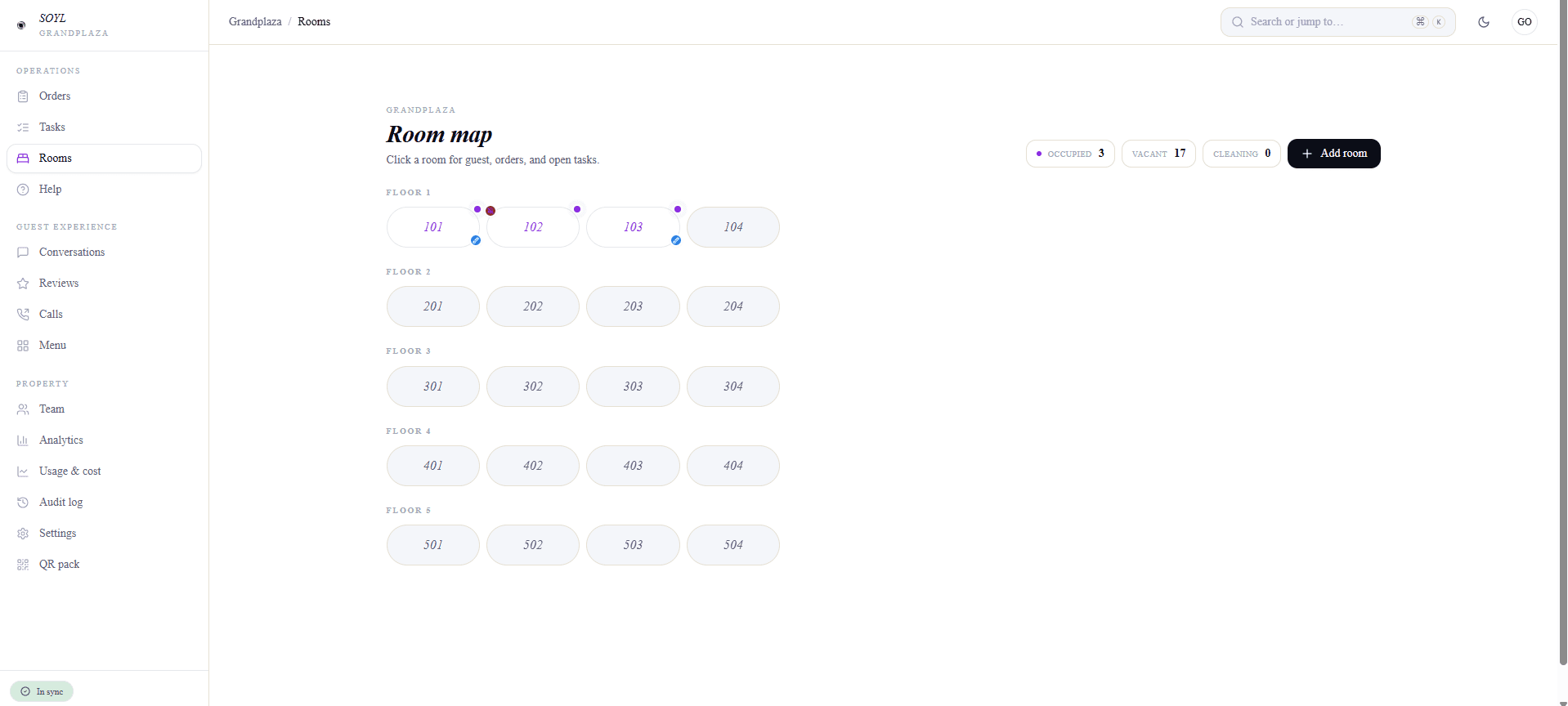 PMS Lite room map — occupancy, vacancy, and cleaning status by floor