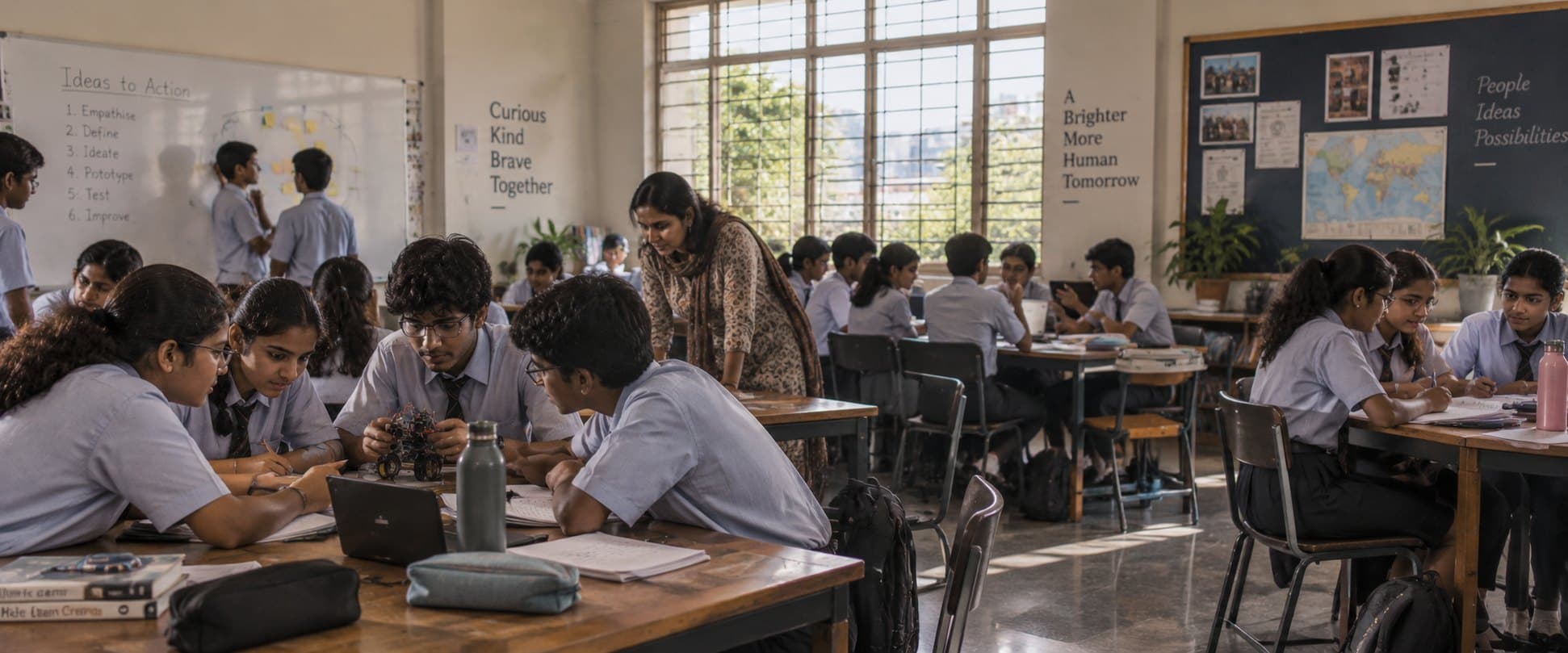 A wide view of a classroom where students are making and building