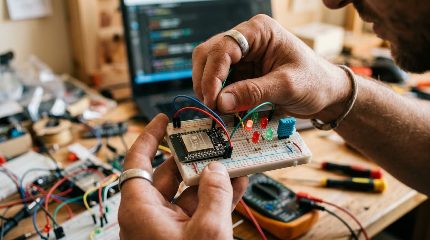 Student wiring an IoT circuit