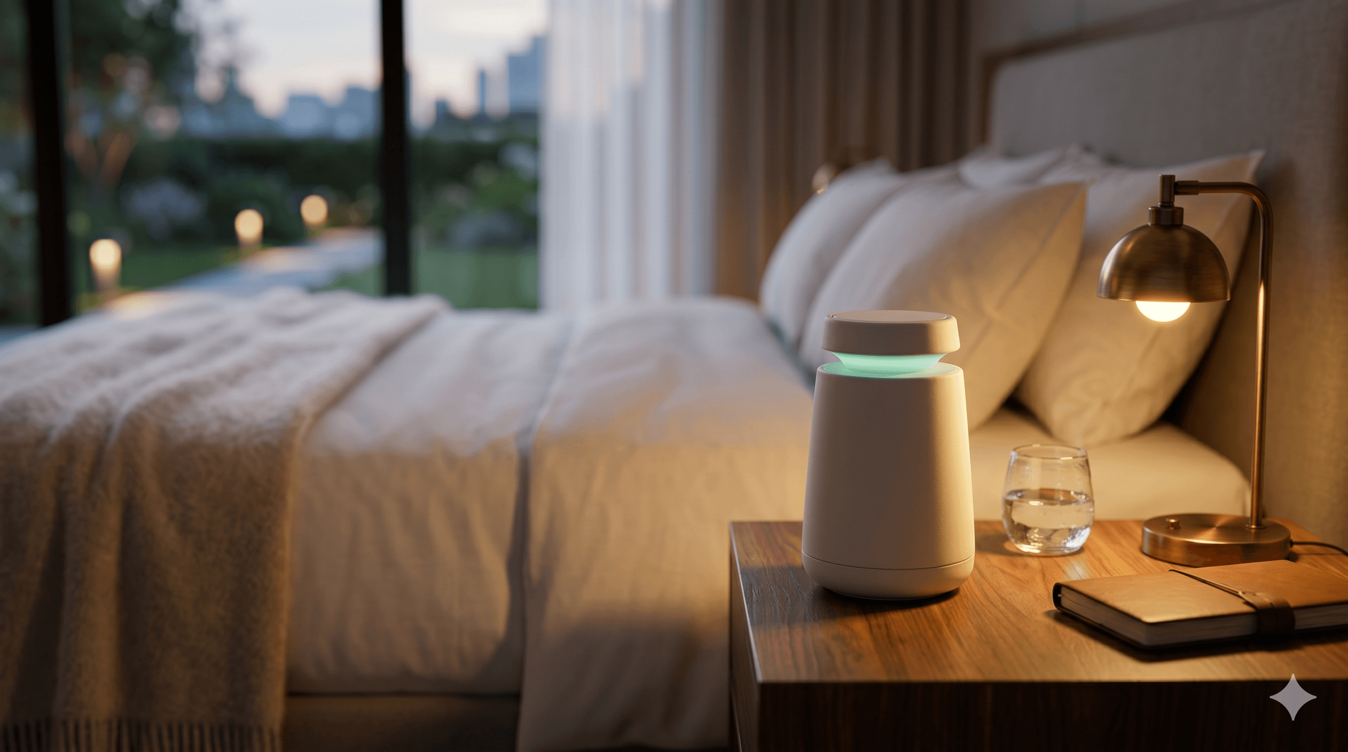 SOYL Hub on a nightstand in a boutique hotel suite at dusk
