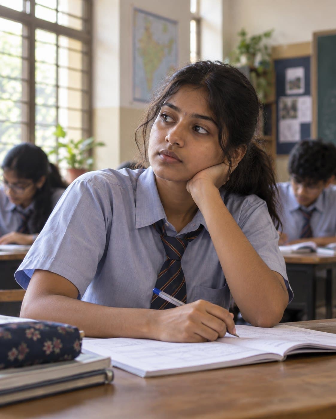 A student pausing mid-thought over her notebook