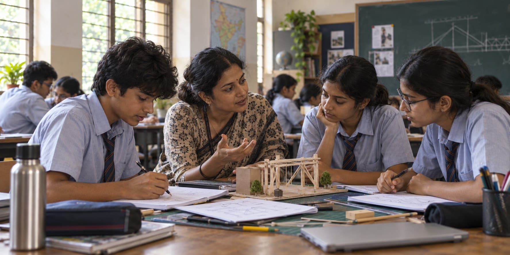 A teacher crouched beside a group of students, asking a question about their work