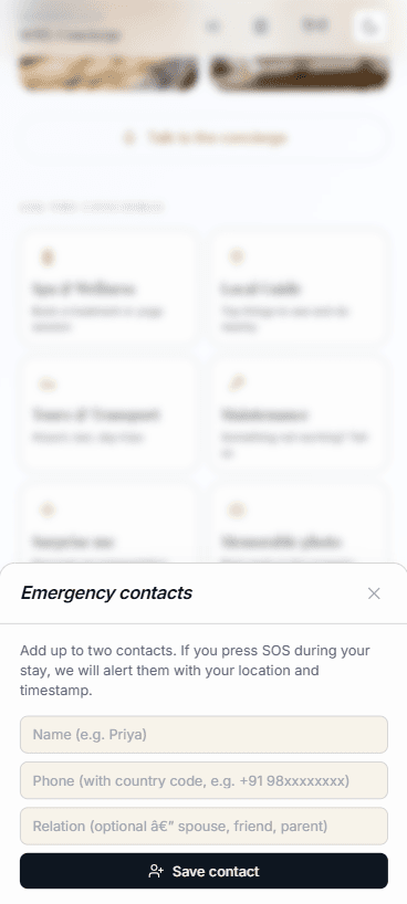 Guest safety — emergency contacts and SOS
