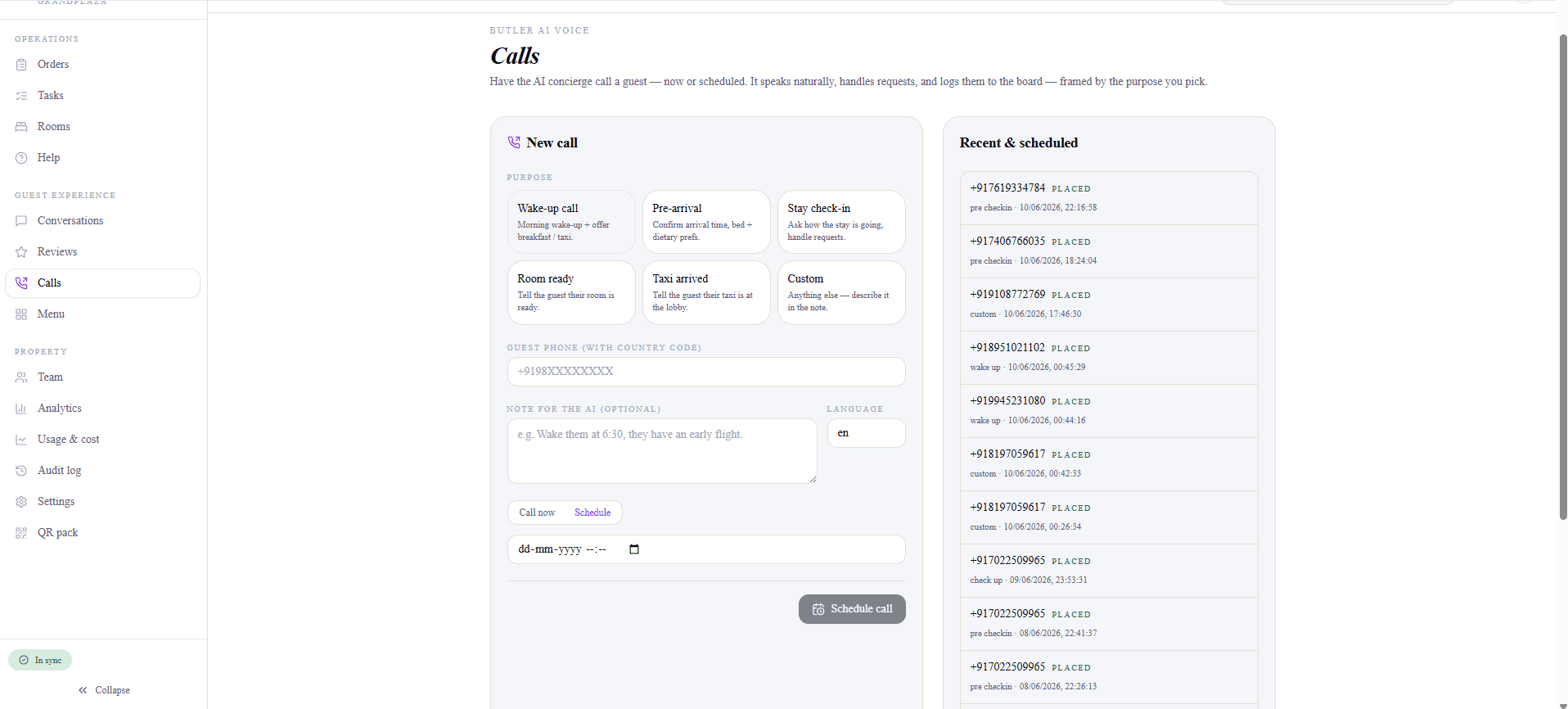 Butler AI Voice console — schedule wake-up, pre-arrival, room-ready and taxi-arrived calls